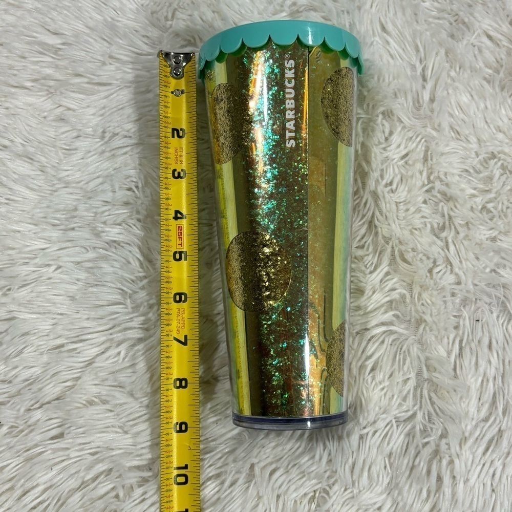 Starbucks Holiday Green Gold Glitter Iridescent Polka Dot Cold Cup Tumbler 24 oz - Picture 2 of 8